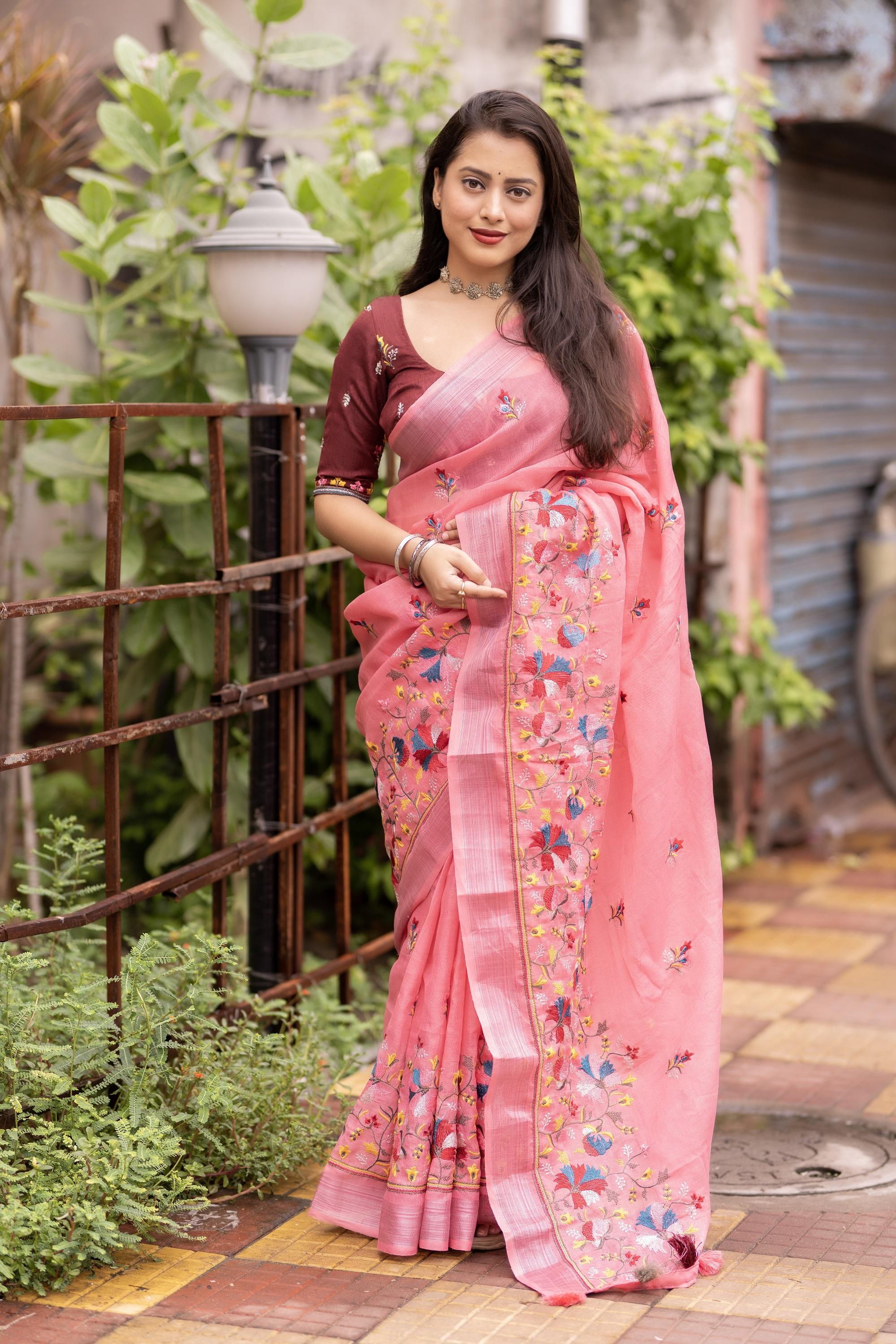 Pink Pure Linen Ethnic Motifs Saree with Unstitched Blouse - Hiral Fashion - Distacart