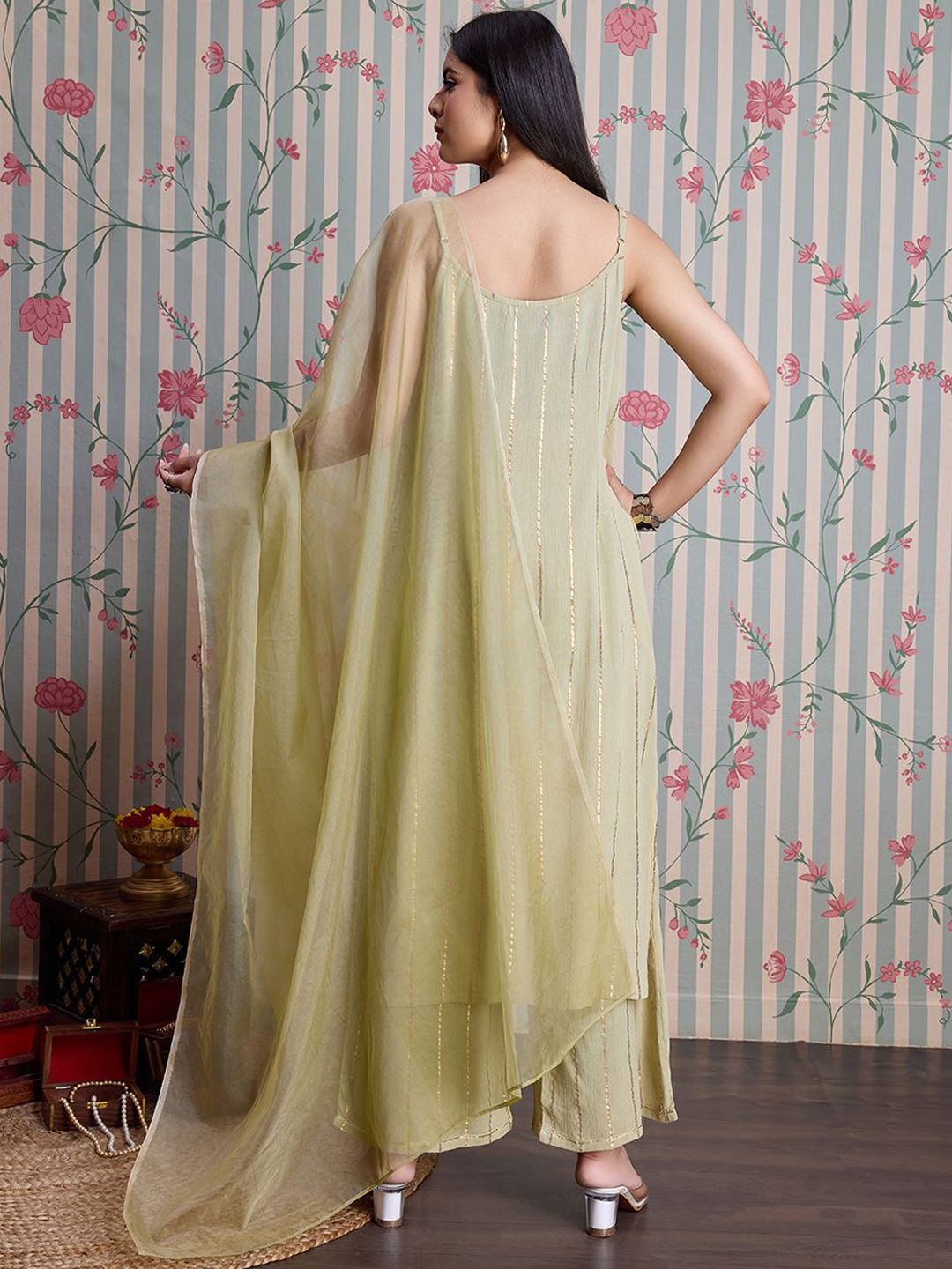 Ode by House of Pataudi Striped Straight Kurta with Palazzos & With Dupatta - Distacart