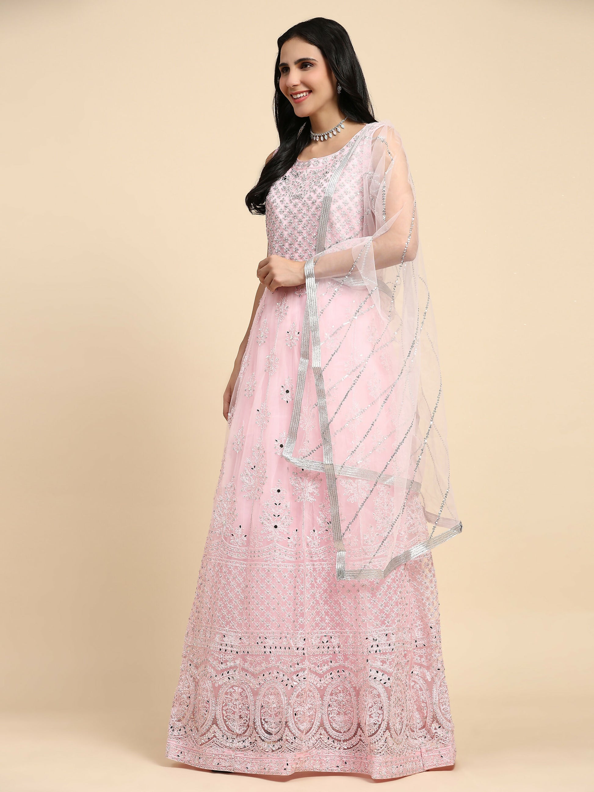 Pink Net Hand Embroidered Gown - Rudrani - Distacart