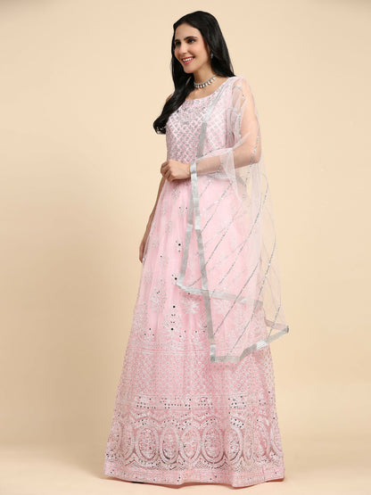 Pink Net Hand Embroidered Gown - Rudrani - Distacart