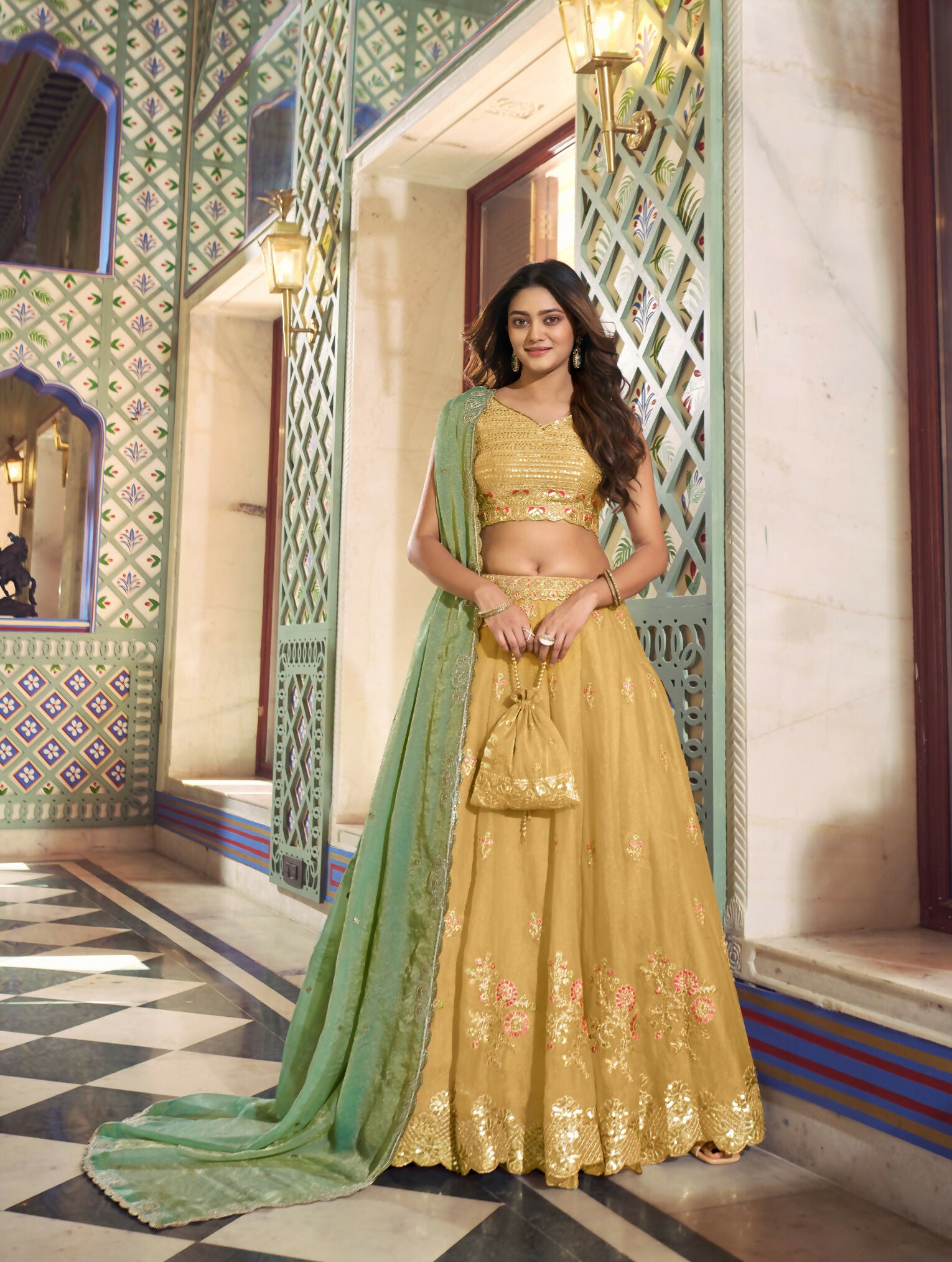 Lorenvalley Fashion Yellow NC Moss Silk Sequins and Thread Embroidery Work Lehenga Choli with Dupatta - Dista