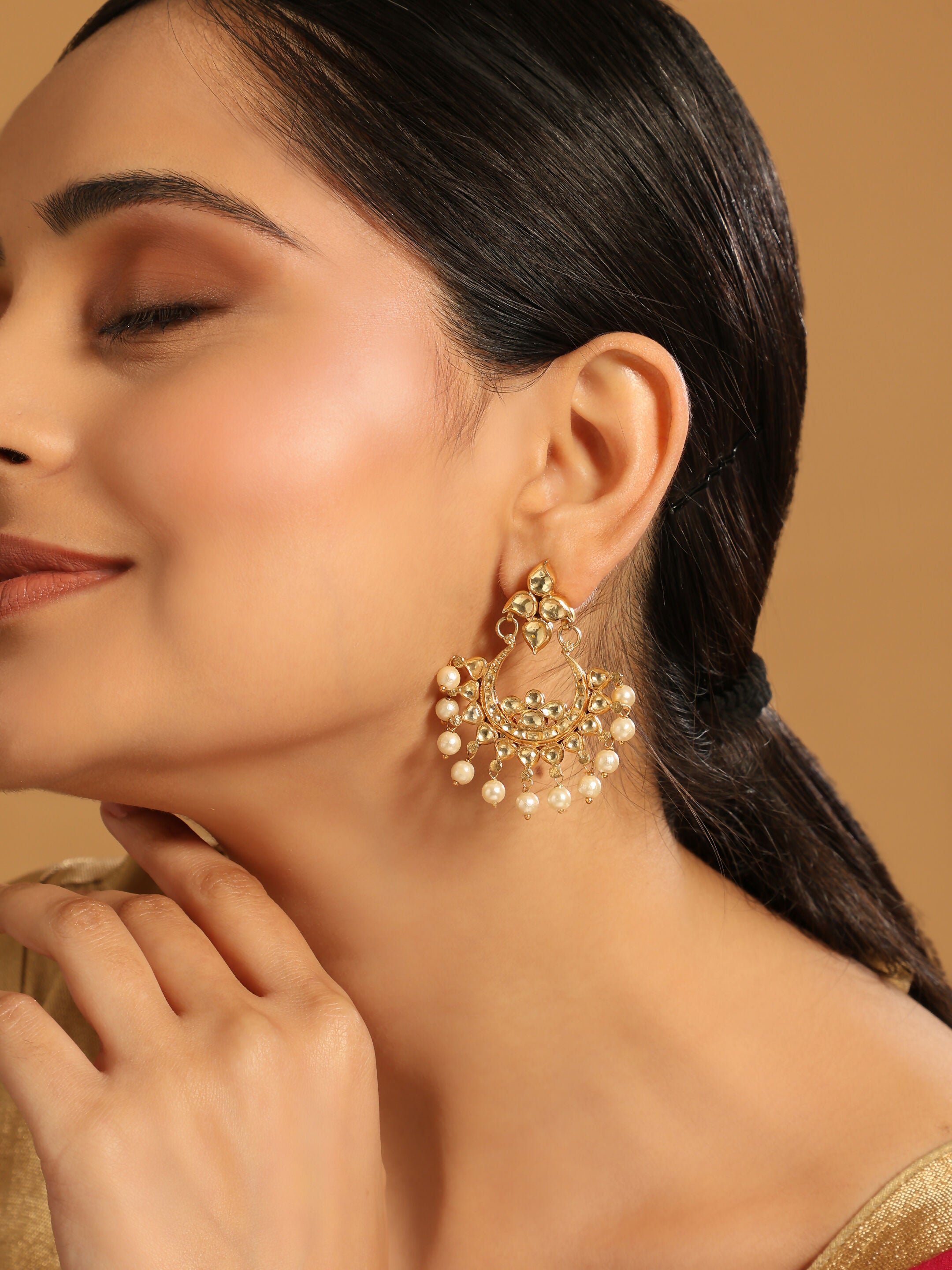 Nuyug 22K Gold Plated Kundan Chandbali Pearl Elegance Earrings