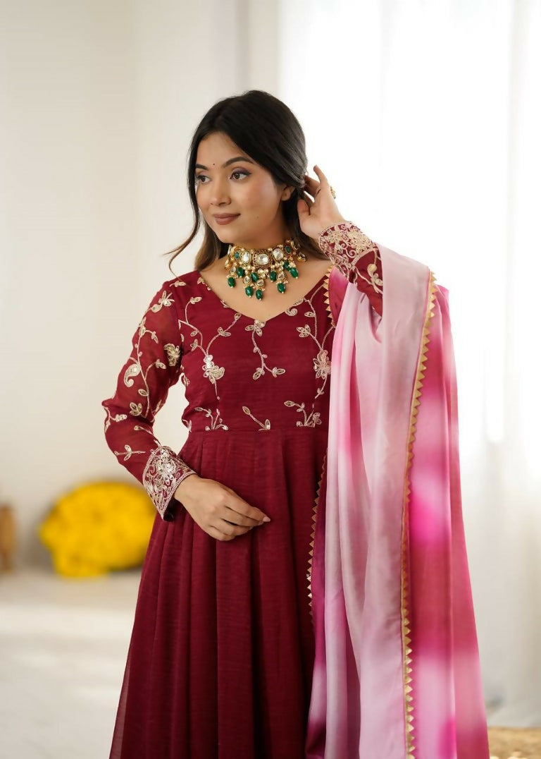 Teeya Creation Maroon Color Crunchy Silk Embroidery Work Gown