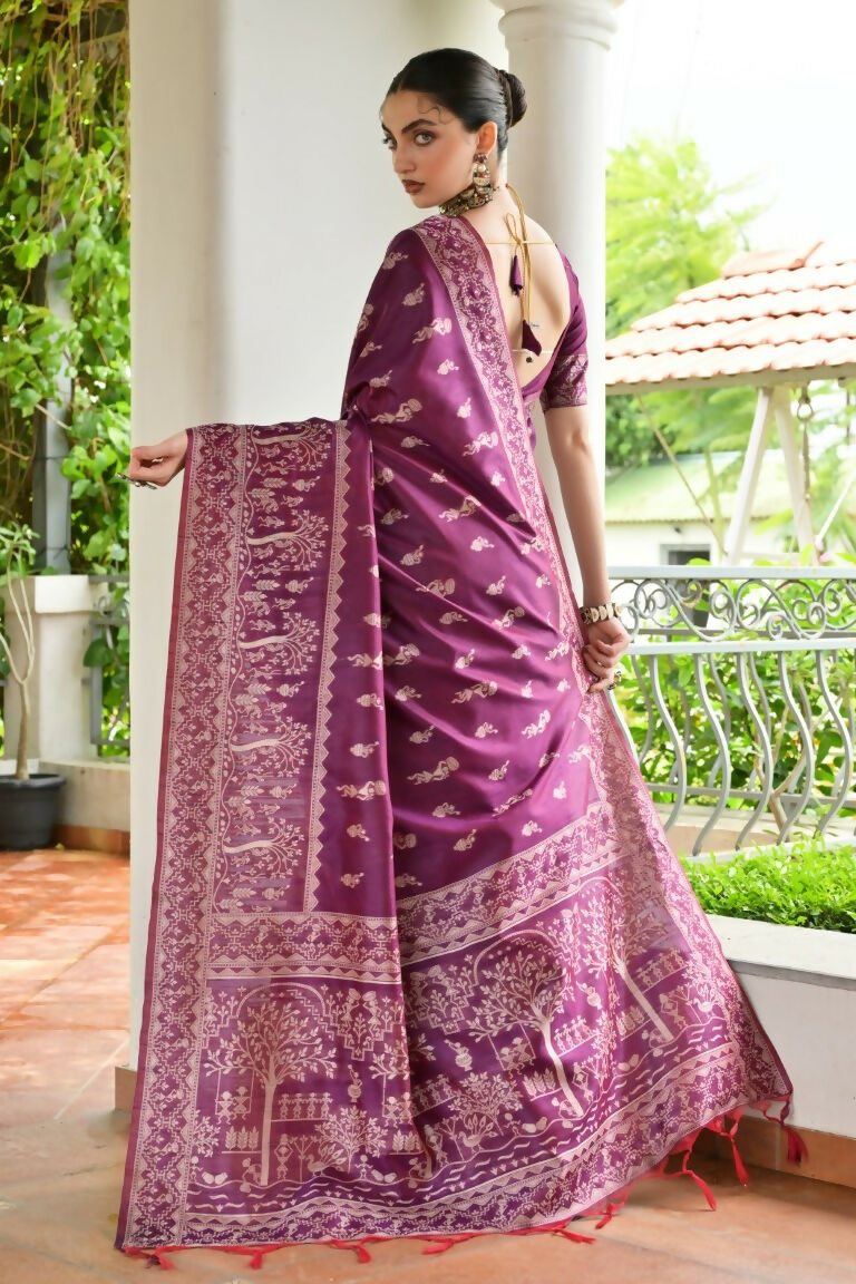 Vishnu Weaves Women's Wine Handloom Raw Silk Thread Weaving Saree with Blouse