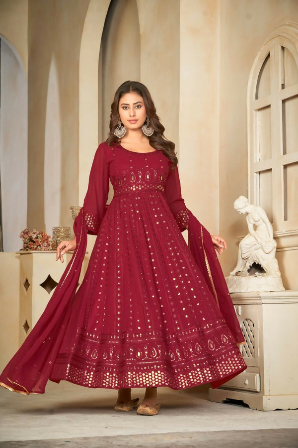 Jyoti Fashion Women's Maroon Georgette Embroidered Anarkali Kurta Pant Set With Dupatta - Distacart