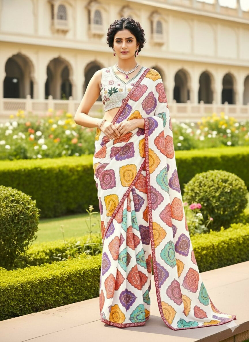 Teeya Creation New Womens Latest Wedding Wear Georgette Saree-White - Dista