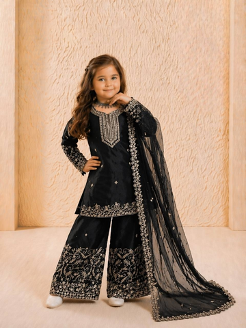 Teeya Creation New Kids Wedding Wear Heavy Embroidery Sequence Work Kurta Sharara Set-Black - Dista