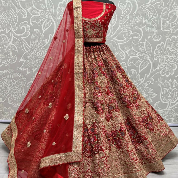 Jyoti Fashion Women's Red Silk Fancy Dori & Sequins Multi Thread Embroidered with Diamond Work Wedding Lehenga Choli - Distacart