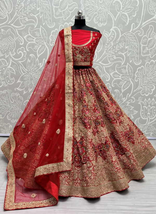 Jyoti Fashion Women's Red Silk Fancy Dori & Sequins Multi Thread Embroidered with Diamond Work Wedding Lehenga Choli - Distacart