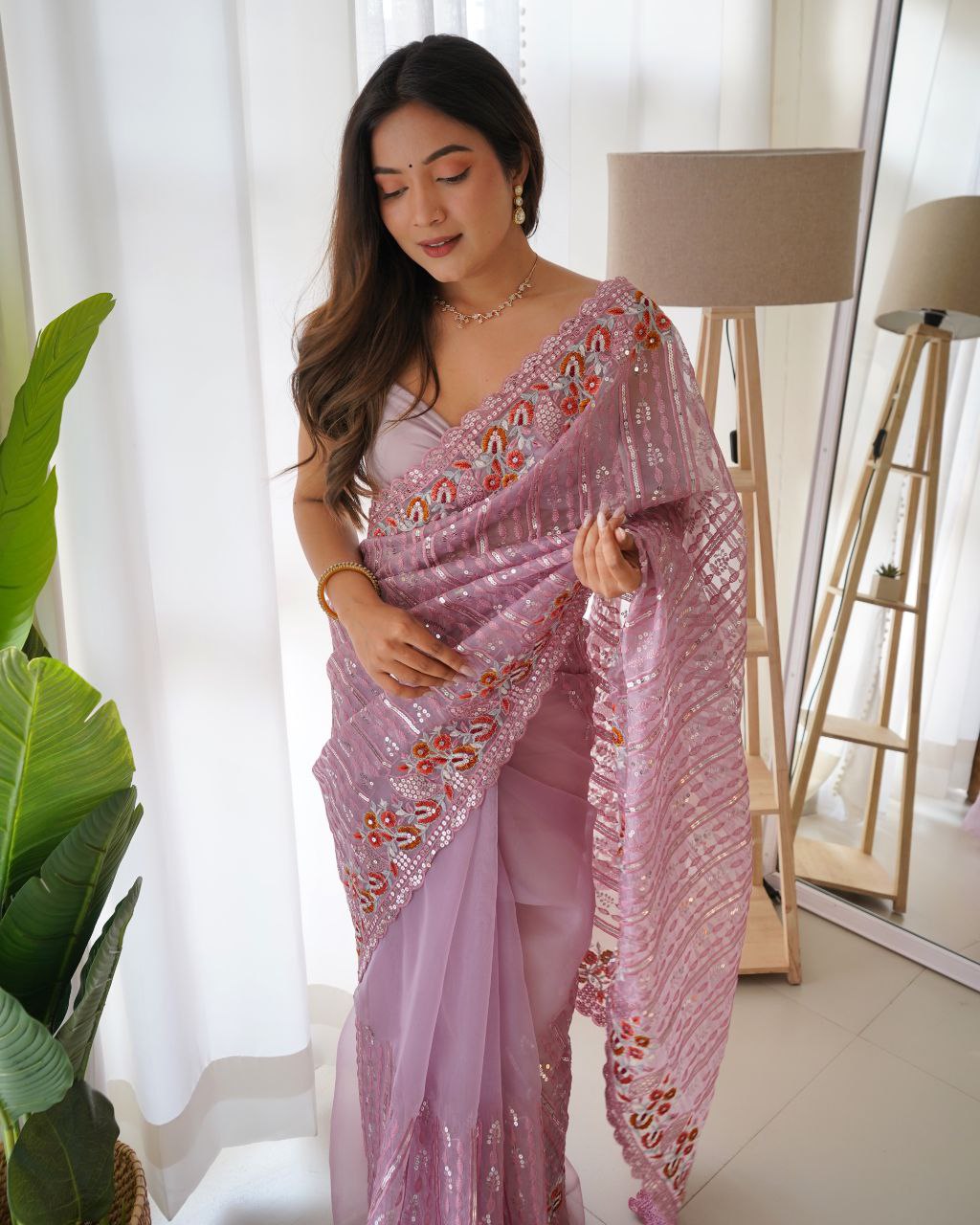 Teeya Creation Peach Color Organza Silk Wedding Wear Embroidery Sequence Work Saree - Distacart