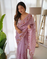 Thumbnail for Teeya Creation Peach Color Organza Silk Wedding Wear Embroidery Sequence Work Saree - Distacart