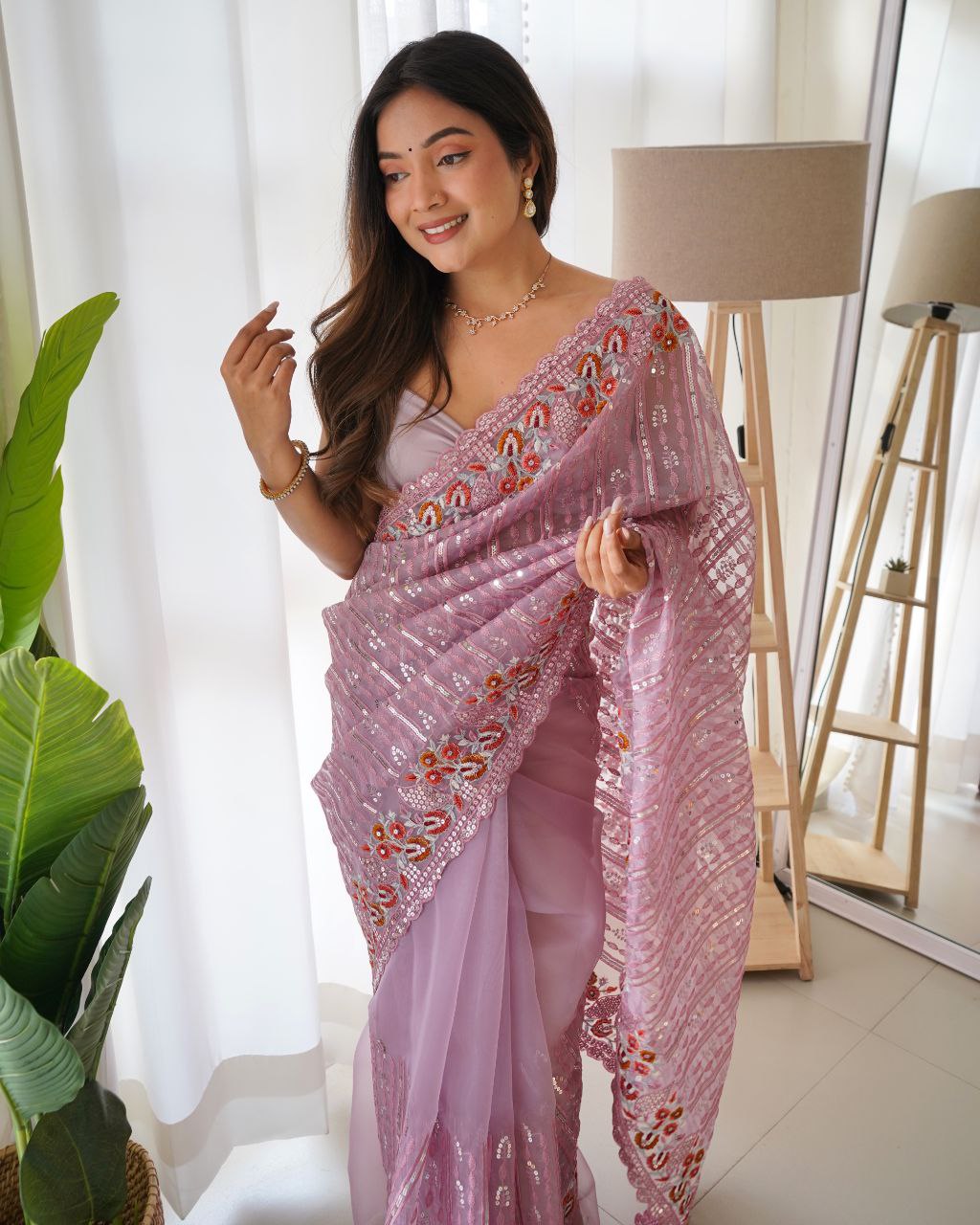 Teeya Creation Peach Color Organza Silk Wedding Wear Embroidery Sequence Work Saree - Distacart