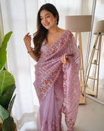 Thumbnail for Teeya Creation Peach Color Organza Silk Wedding Wear Embroidery Sequence Work Saree - Distacart