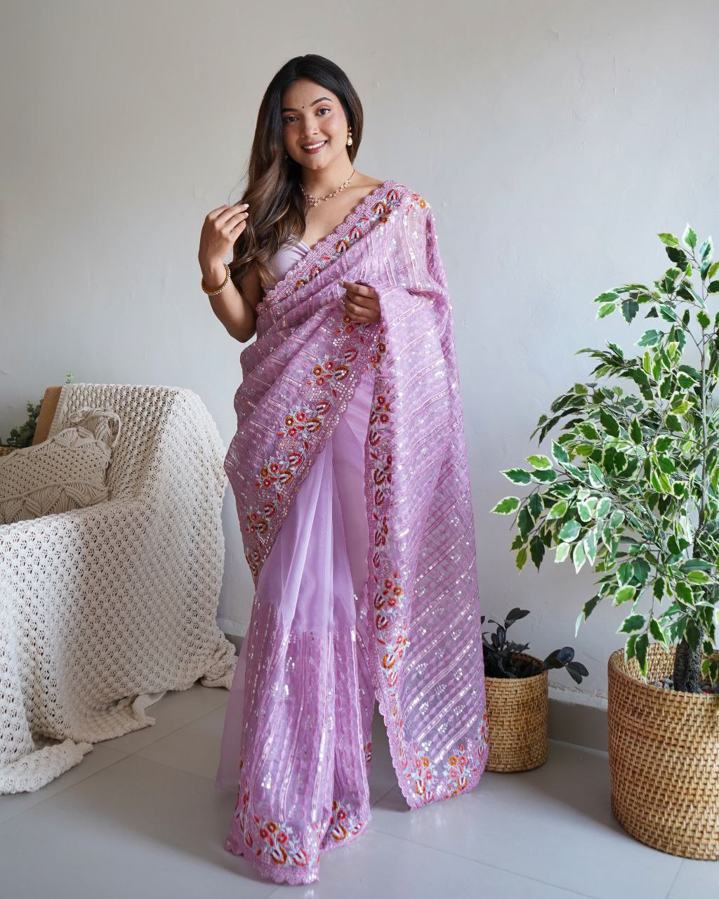 Teeya Creation Peach Color Organza Silk Wedding Wear Embroidery Sequence Work Saree - Distacart