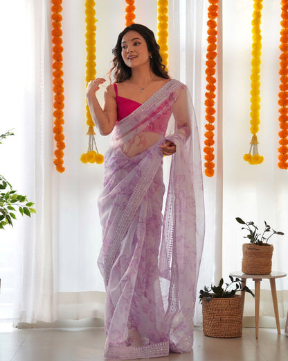 Teeya Creation Light Purple Color digital print with embroidery work saree - Distacart