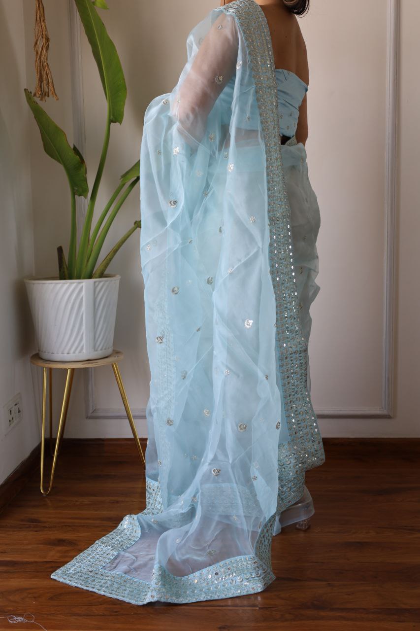 Teeya Creation Light Sky Color Organza Silk Embroidery Work Saree - Distacart