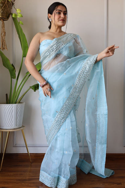 Teeya Creation Light Sky Color Organza Silk Embroidery Work Saree - Distacart