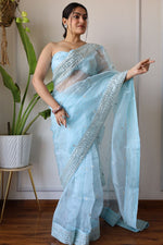 Thumbnail for Teeya Creation Light Sky Color Organza Silk Embroidery Work Saree - Distacart