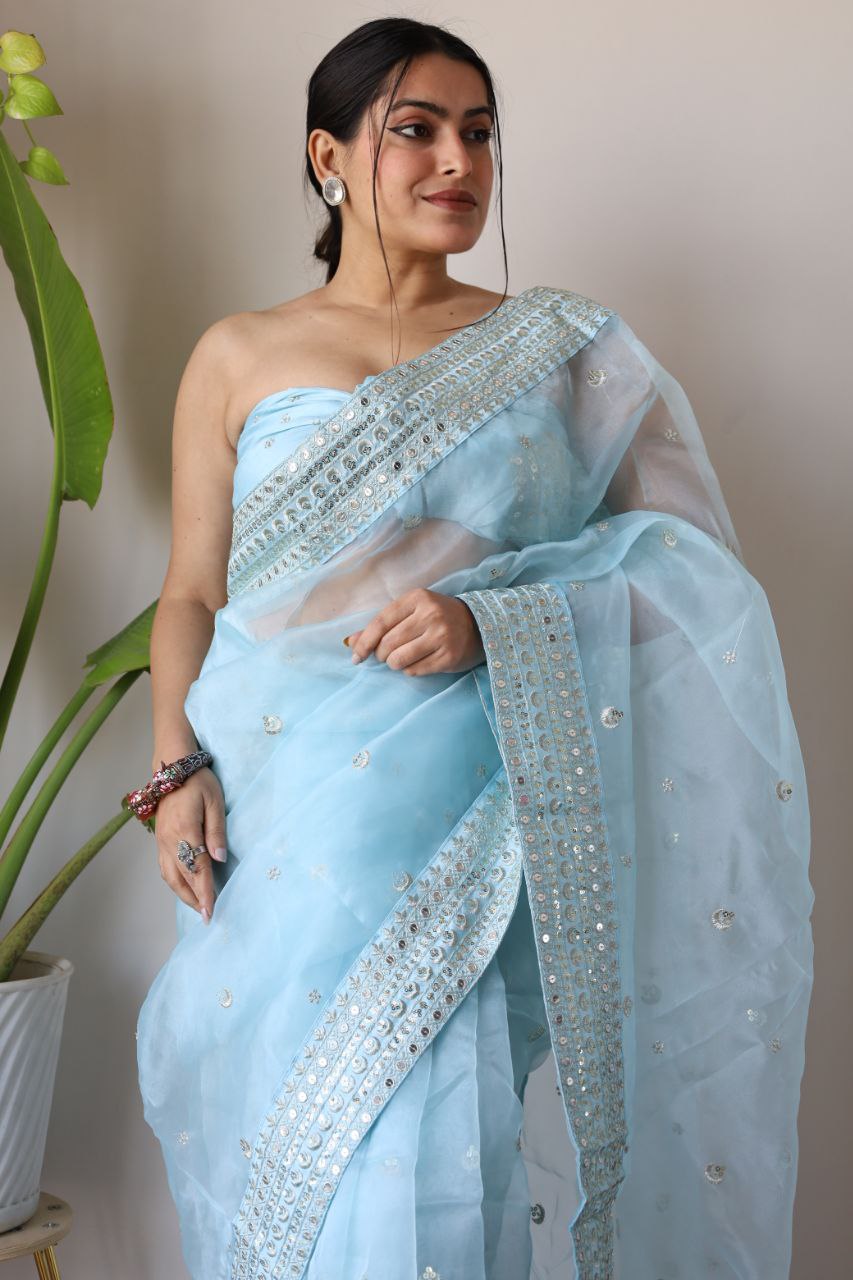 Teeya Creation Light Sky Color Organza Silk Embroidery Work Saree - Distacart