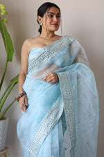 Thumbnail for Teeya Creation Light Sky Color Organza Silk Embroidery Work Saree - Distacart