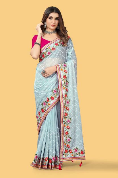 Teeya Creation Sky Blue Color floral embroidery work design saree - Distacart