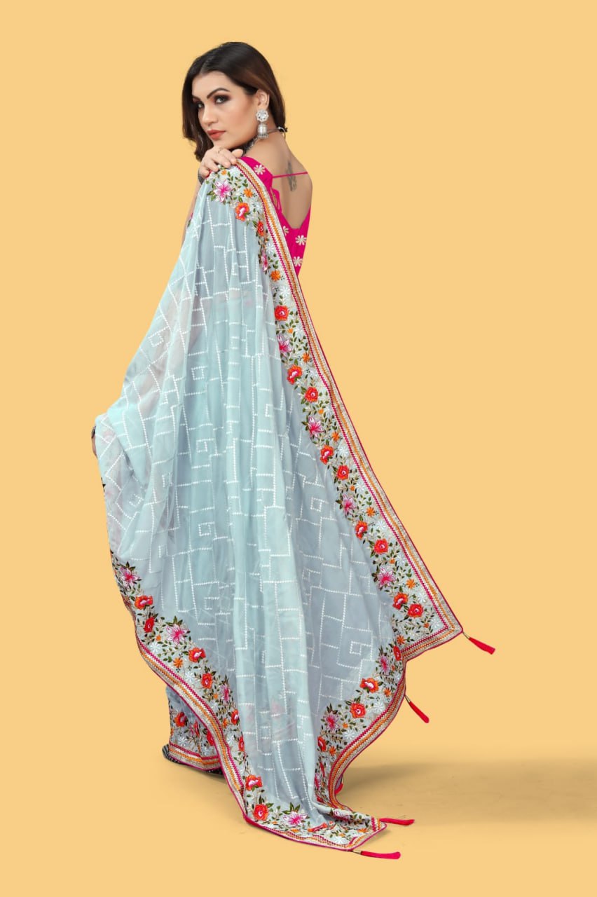 Teeya Creation Sky Blue Color floral embroidery work design saree - Distacart