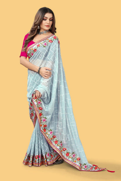 Teeya Creation Sky Blue Color floral embroidery work design saree - Distacart