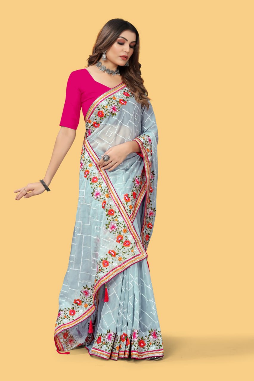 Teeya Creation Sky Blue Color floral embroidery work design saree - Distacart