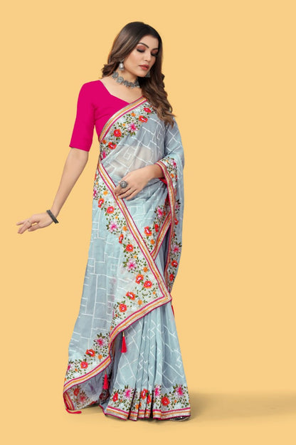 Teeya Creation Sky Blue Color floral embroidery work design saree - Distacart