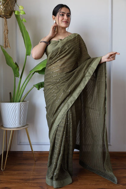 Teeya Creation Mahendi Color Georgette Fabric Heavy Embroidery Work Saree - Distacart