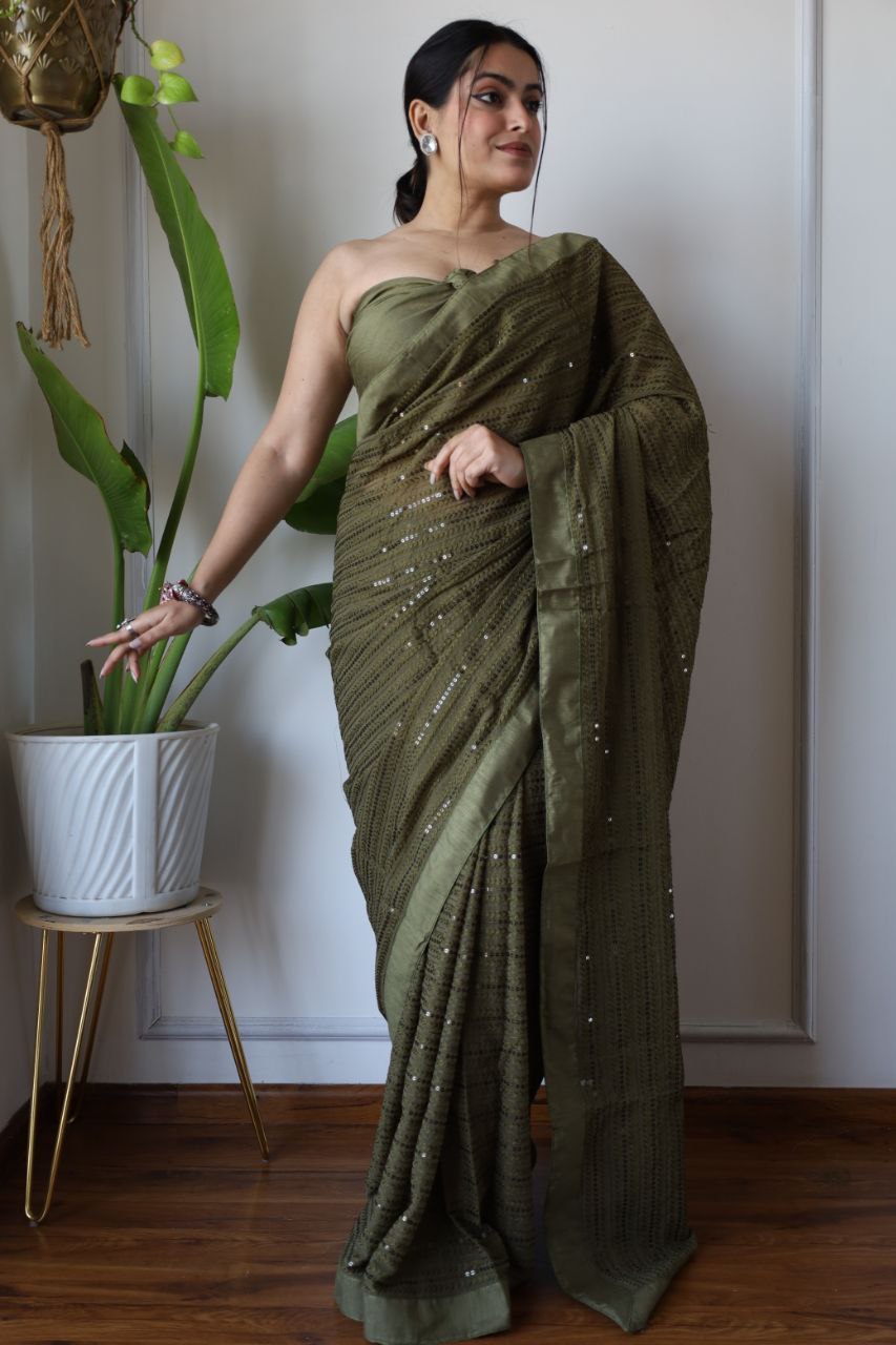 Teeya Creation Mahendi Color Georgette Fabric Heavy Embroidery Work Saree - Distacart