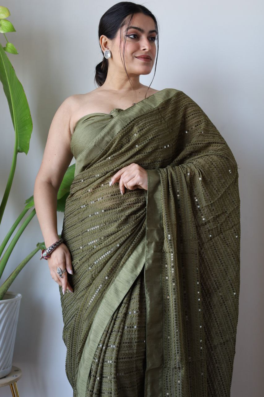Teeya Creation Mahendi Color Georgette Fabric Heavy Embroidery Work Saree - Distacart