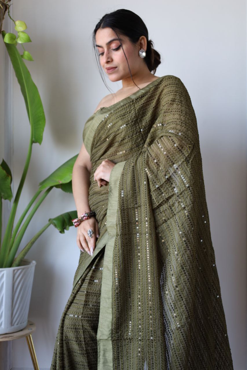 Teeya Creation Mahendi Color Georgette Fabric Heavy Embroidery Work Saree - Distacart