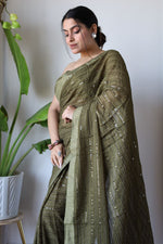 Thumbnail for Teeya Creation Mahendi Color Georgette Fabric Heavy Embroidery Work Saree - Distacart