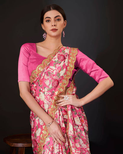 Teeya Creation Pink Color Vichitra Silk Digital Print With Embroidery Work Saree - Distacart