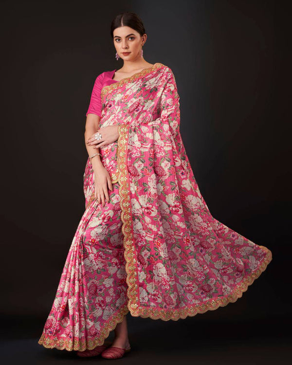 Teeya Creation Pink Color Vichitra Silk Digital Print With Embroidery Work Saree - Distacart