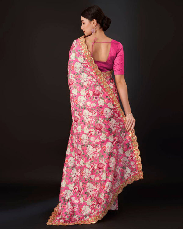Teeya Creation Pink Color Vichitra Silk Digital Print With Embroidery Work Saree - Distacart