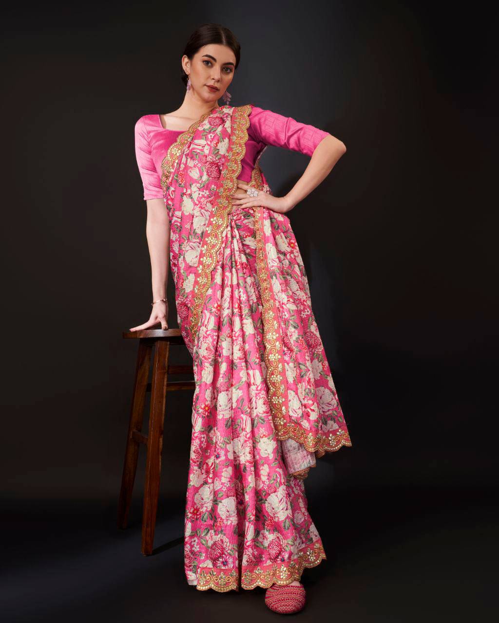 Teeya Creation Pink Color Vichitra Silk Digital Print With Embroidery Work Saree - Distacart