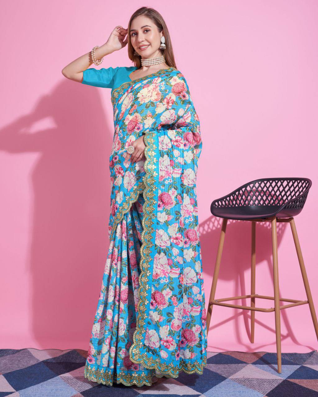 Teeya Creation Sky Blue Color Vichitra Silk Digital Print With Embroidery Work Saree - Distacart