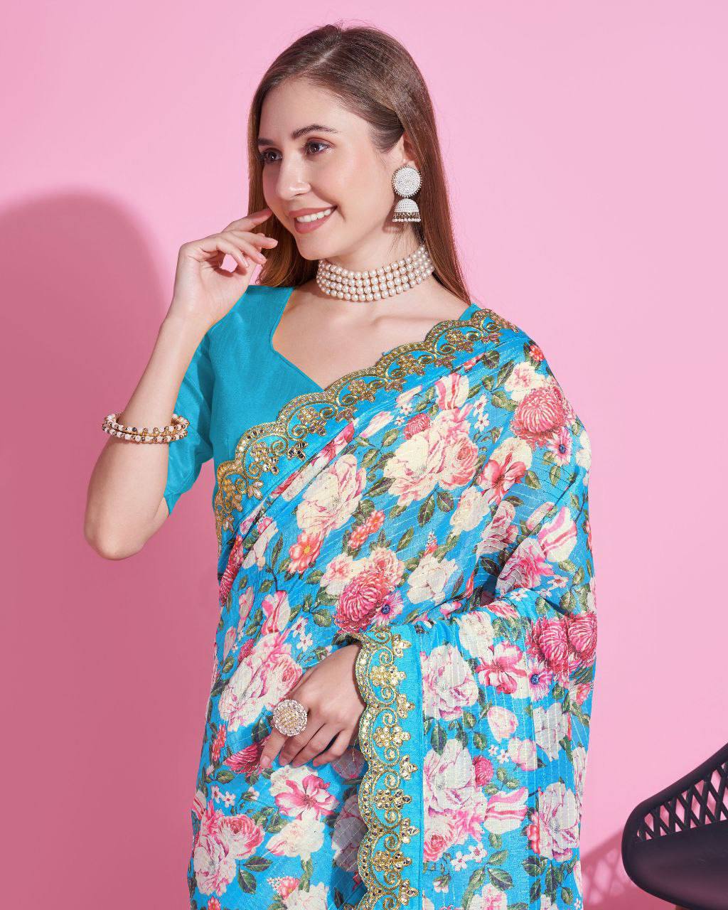 Teeya Creation Sky Blue Color Vichitra Silk Digital Print With Embroidery Work Saree - Distacart