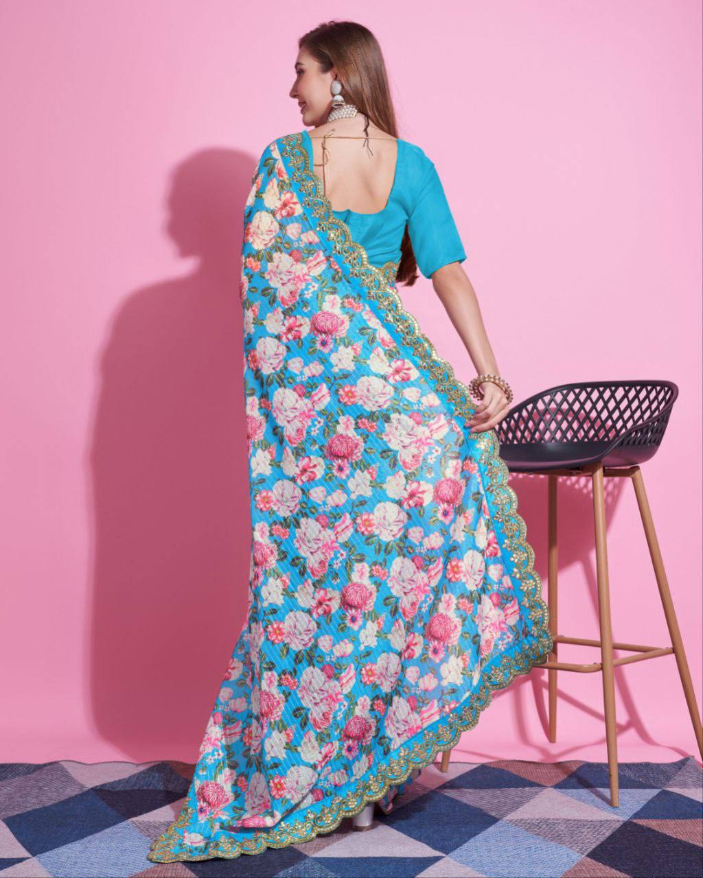 Teeya Creation Sky Blue Color Vichitra Silk Digital Print With Embroidery Work Saree - Distacart