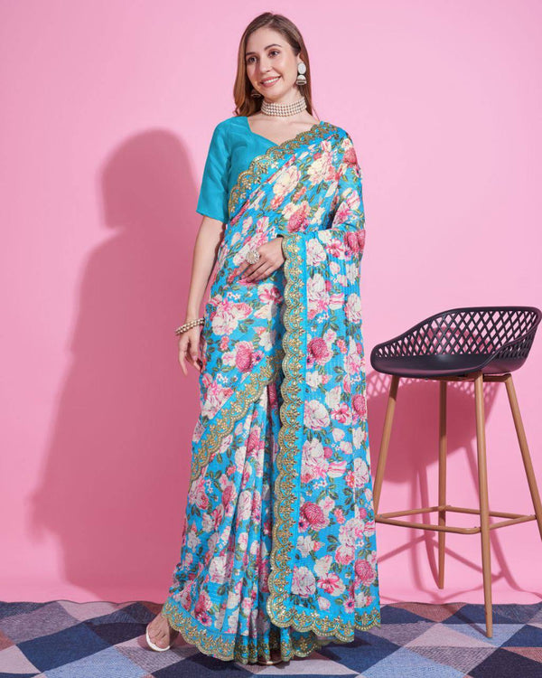 Teeya Creation Sky Blue Color Vichitra Silk Digital Print With Embroidery Work Saree - Distacart