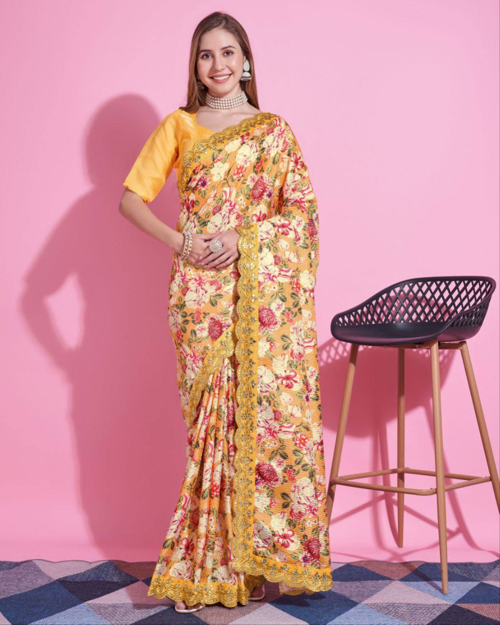 Teeya Creation Yellow Color Vichitra Silk Digital Print With Embroidery Work Saree - Distacart
