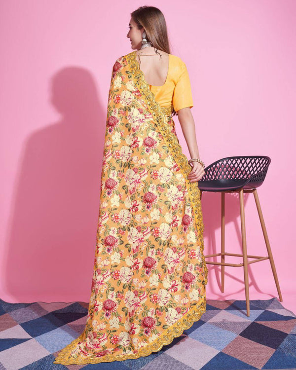 Teeya Creation Yellow Color Vichitra Silk Digital Print With Embroidery Work Saree - Distacart