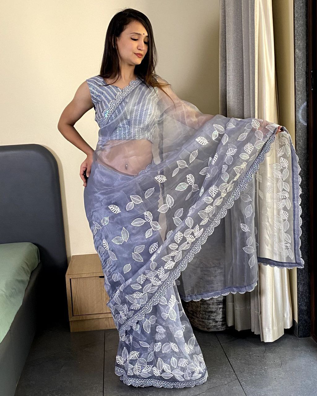 Teeya Creation Light lavender Color organza silk embroidery work saree - Distacart