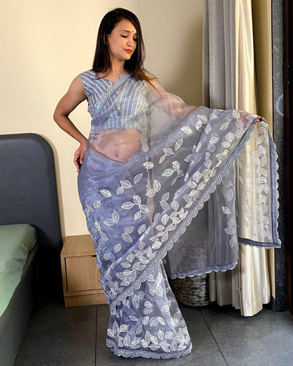 Teeya Creation Light lavender Color organza silk embroidery work saree - Distacart