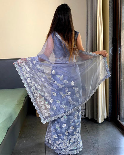 Teeya Creation Light lavender Color organza silk embroidery work saree - Distacart