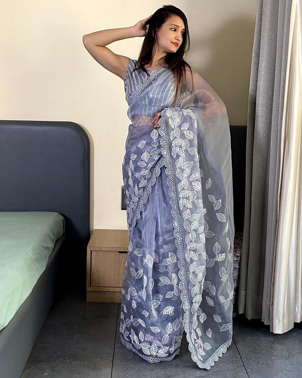 Teeya Creation Light lavender Color organza silk embroidery work saree - Distacart