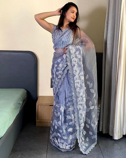 Teeya Creation Light lavender Color organza silk embroidery work saree - Distacart