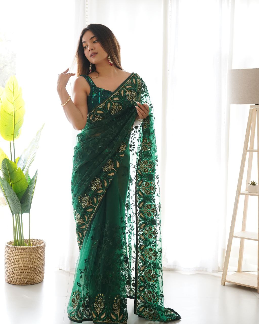 Teeya Creation Green Color Butterfly Net Heavy Zari Work Ston And Mirror Work Saree - Distacart